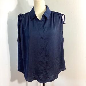 ALEX & LILI PLUS 1X NAVY CRINKLED POLYSILK SLEEVELESS BLOUSE BUTTON FRONT